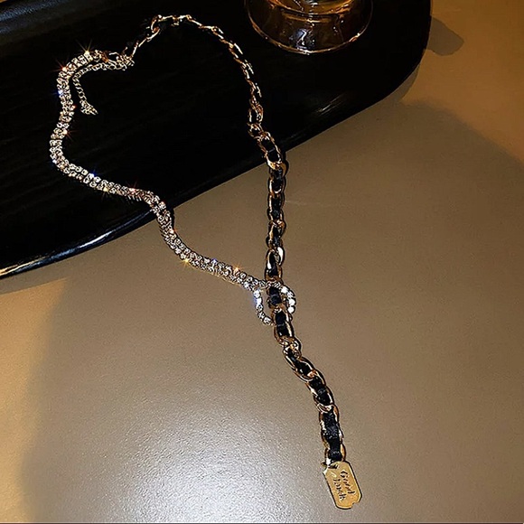Y Lariat Chain link Baguette Gold Twisted Leather Good Luck Charm Necklace - Picture 3 of 4